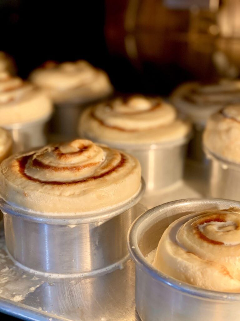Apple tarts baked in metal ring moulds, cooling in a row